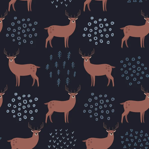 Koyu arka planda orman hayvanı geyiği olan kusursuz el çizimi desen. İskandinav tasarım tarzı. Vektör illüstrasyonu