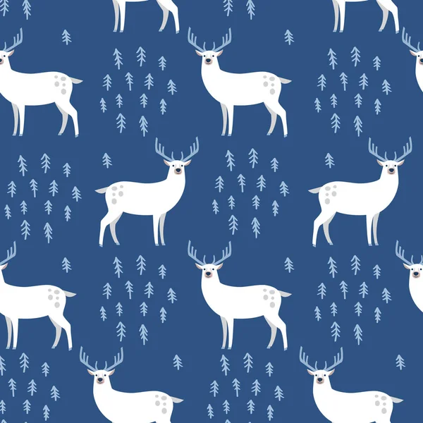 Koyu arka planda orman hayvanı geyiği olan kusursuz el çizimi desen. İskandinav tasarım tarzı. Vektör illüstrasyonu