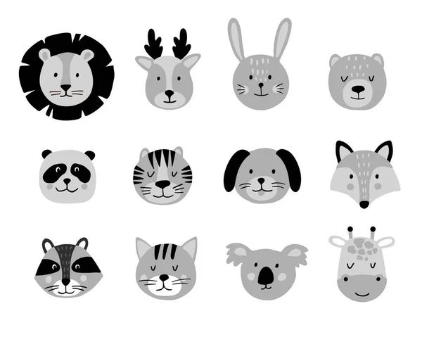 Lindas Caras Dibujadas Mano Animal Conjunto Sobre Fondo Blanco Personajes — Archivo Imágenes Vectoriales