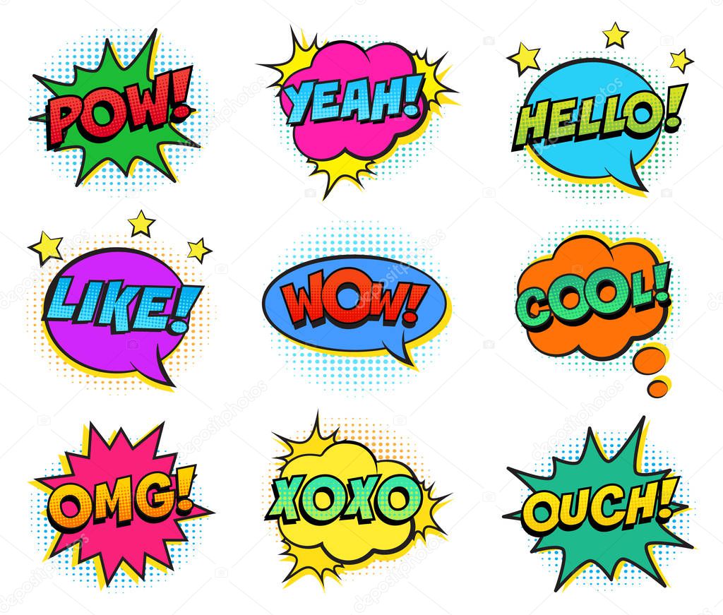 Retro colorful comic speech bubbles set on white background. Expression text POW, YEAH, WOW, HELLO, YEAH, OMG, LIKE, COOL, OUCH. Vector illustration, pop art style.