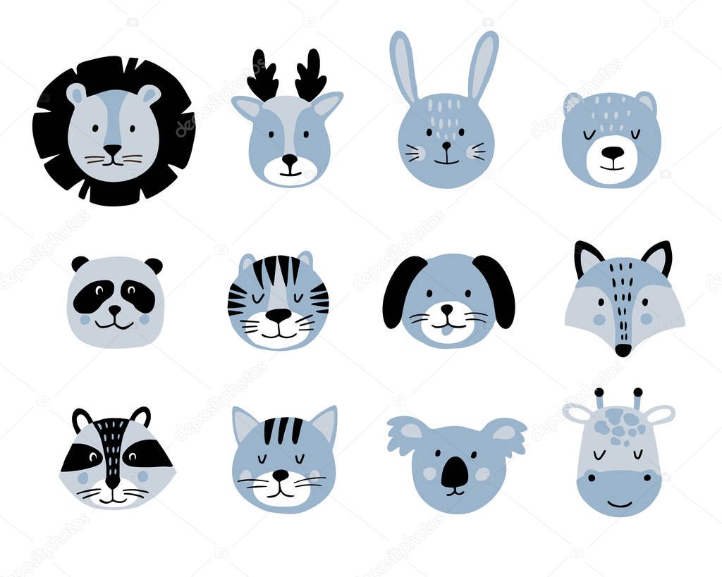 Cute animal hand drawn faces set on white background. Cartoon characters of lion, giraffe, deer, koala, bear, cat, bunny, fox, raccoon, tiger, dog, panda. Scandinavian design style.Vector illustration