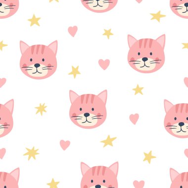 Kedi yüzlü ve yıldızlı hoş, pürüzsüz bir desen. Hayvanlı çocuklar için arka plan, kedi. Tekstil, kumaş, imalat vs. için mükemmel. Vektör illüstrasyonu