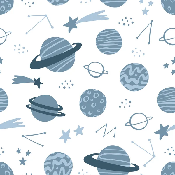 Vesmírný Ručně Kreslený Bezproblémový Vzor Planetami Hvězdami Kometami Souhvězdími Skandinávský — Stockový vektor