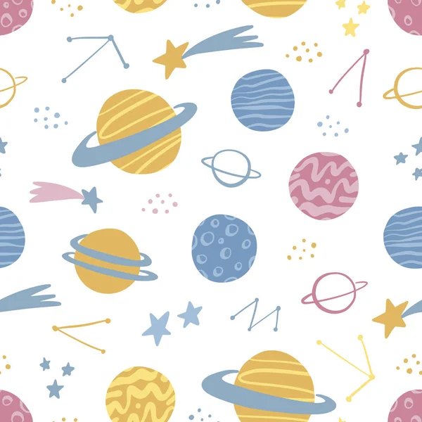 Ручной Рисунок Планетами Звездами Кометами Созвездиями Скандинавский Стиль Дизайна Пространственный — стоковый вектор