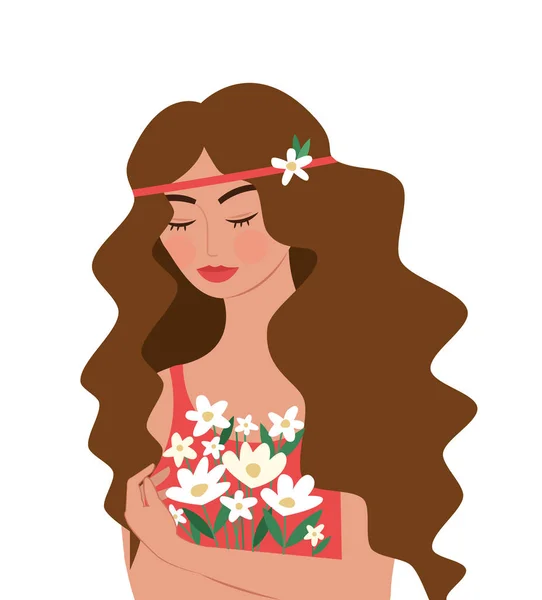 Beautiful Happy Young Woman Holding Flower Bouquet Spring Romantic Vector — 스톡 벡터