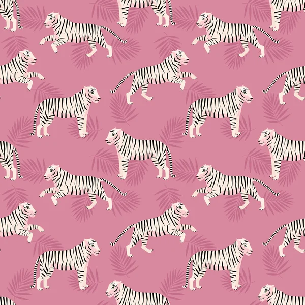 Kaplanlar ve tropik palmiye yapraklarıyla egzotik tropikal desenler. Kumaş, tekstil, imalat vb. Vektör illüstrasyonu