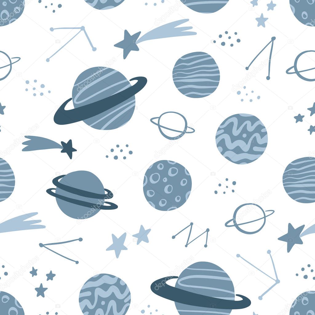 Space hand drawn seamless pattern with planets, stars, comets,  constellations. Scandinavian design style. Space background for textile, fabric etc. Vector illustration