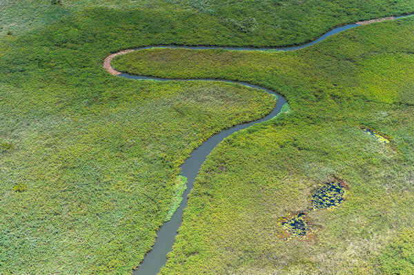 Aerial panoramic view of the Okavango Delta (Okavango Grassland), One of the  Seven Natural Wonders of Africa, Botswana