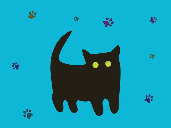Ilustración Gato Negro Dibujado Mano Pocas Huellas Patas Varios Colores — Vector de stock