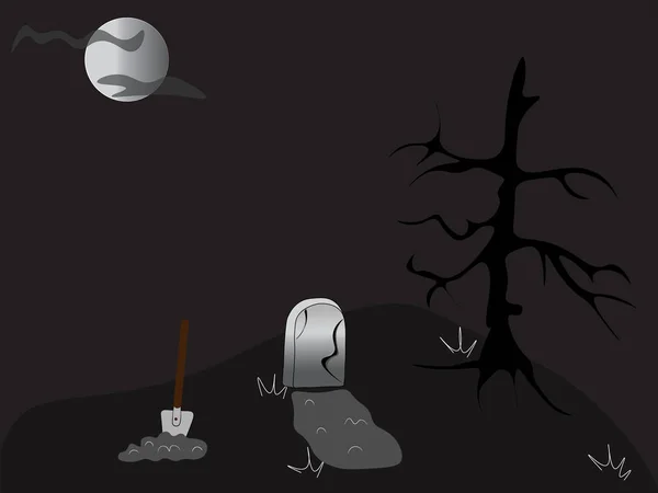 Illustration Cimetière Tombe Pelle Pierre Tombale Lune Arbre Noir Éléments — Image vectorielle