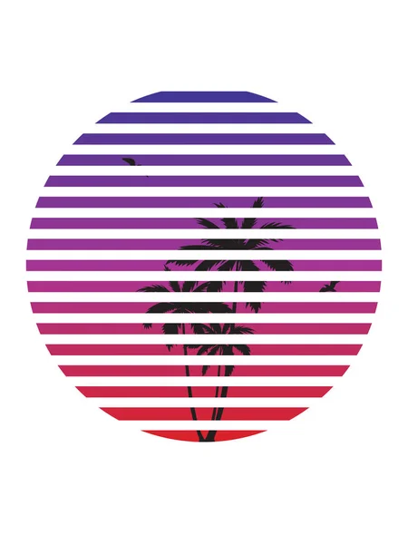 Τοπίου Ηλιοβασίλεμα Κύκλο Εικονίδιο Δημιουργική Λογότυπο Παλάμες Σιλουέτες Και Πουλιά — Διανυσματικό Αρχείο