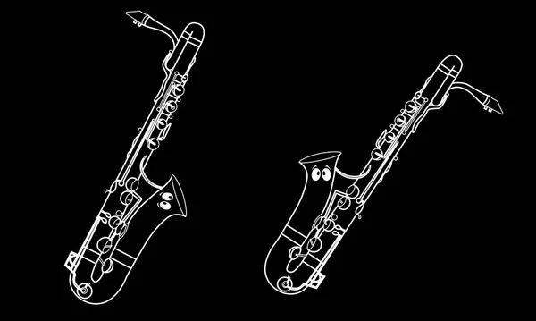 萨克斯风一种白色的简单线条 矢量音色平整的字符 乐器的形状或轮廓形式 如萨克斯风乐队在黑色背景上的轮廓图 — 图库矢量图片