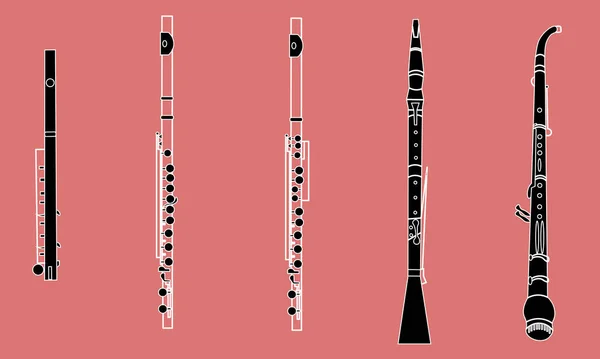 Linienhandgezeichnete Musikinstrumente Die Kontur Von Piccolo Flöte Altflöte Oboe Und — Stockvektor