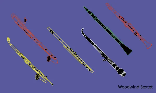 线条手绘乐器 双簧管 琵琶和萨克斯管的轮廓 作为模板 或艺术学校字典插图 木管乐六重奏 — 图库矢量图片