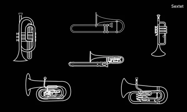 Lina Handritade Musikinstrument Konturen Kornet Baryton Euphonium Trumpet Och Trombon — Stock vektor