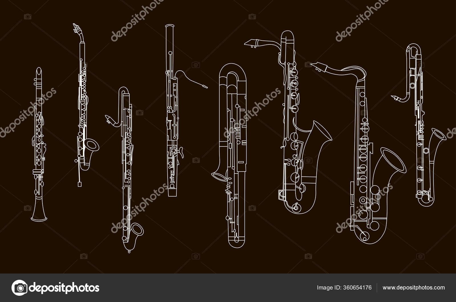 Line Hand Drawn Various Musical Instruments Contour Clarinets Oboe