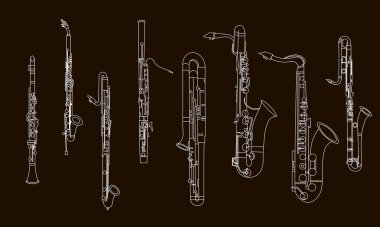 Line hand-drawn various musical instruments, the contour of clarinets, oboe, saxophones, bassoon and contrabassoon on a black background for a template, for art school dictionary illustration clipart