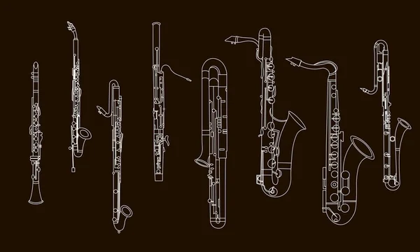 线条手工绘制的各种乐器 如单簧管 双簧管 萨克斯管 巴松管和反式巴松管等 以黑色背景为模板 用于艺术院校词典说明 — 图库矢量图片