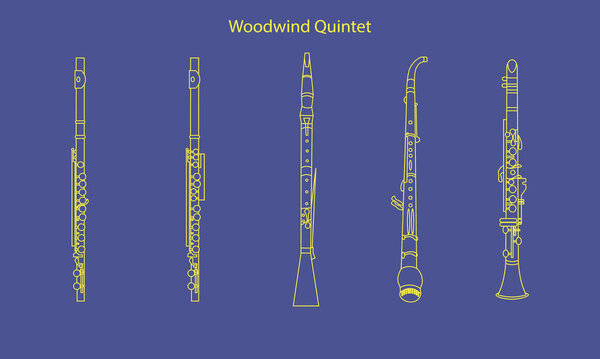 The contour of musical instruments for a template, for school dictionary illustration. Yellow outline English horn, flute, piccolo and oboe. Woodwind quintet contour illustration on a blue background
