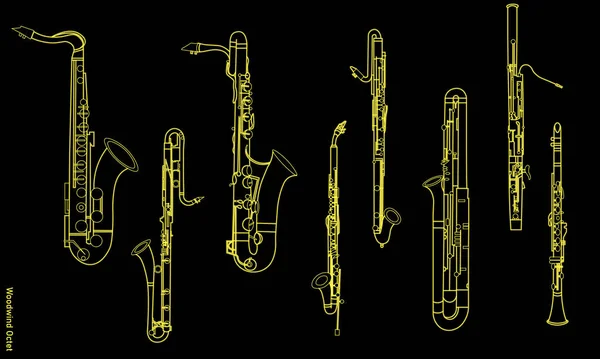 Hangszerek Kontúrja Sárga Körvonal Nyolc Különböző Szaxofon Fafúvós Oktet — Stock Vector