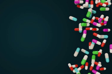 Düşen kapsüller koyu arka planda ilaç, 3 boyutlu blender