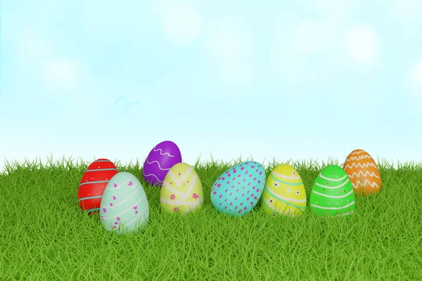 full color easter eggs on grass field, 3D render