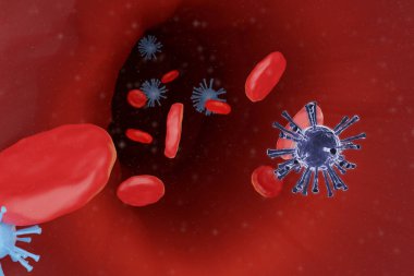 Virüs salgını arterinde kırmızı kan hücresi, 3 boyutlu çizim