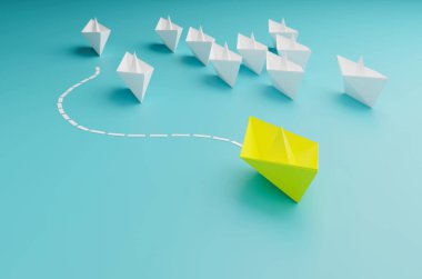 Lider gemi konsepti, sarı tekne galibiyeti ve başarı, iş başarısı konsepti, 3D illüstrasyon