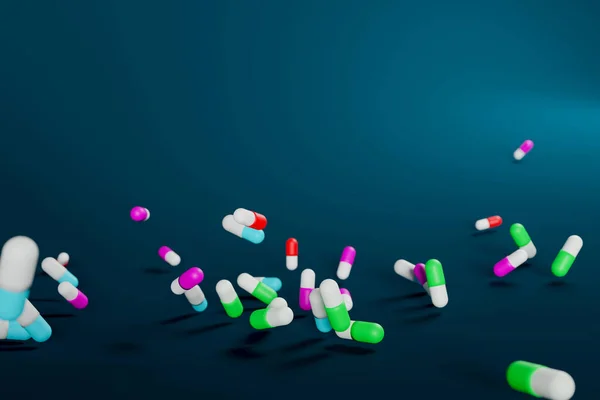 Full color capsules medication falling to hard surfaces, 3d illustration rendering