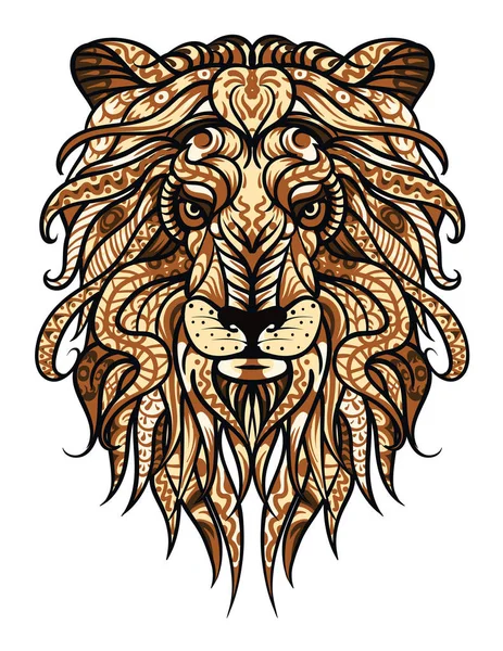 Cabeça modelada do leão. Africano / indiano / totem / design de tatuagem ou ilustração. Para uso em estampa de t-shirt, cartão postal, cartaz. Gato selvagem, Leo Zodíaco). Desenho desenhado à mão, emblema, logotipo com doodle — Vetor de Stock