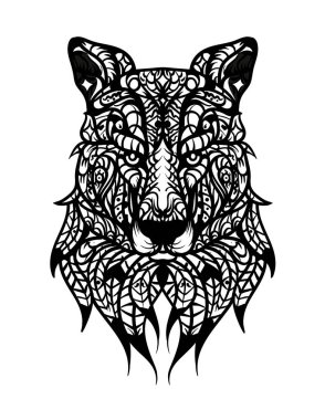 El çizimi kurt başı etnik doodle desenli. Boyama sayfası - zendala, yetişkinler, vektör çizim için. Fil kafa. Yetişkin antistress boyama sayfası. Dövme, poster, baskı, t-shirt için kroki
