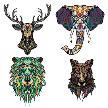 Soyut vektör dövme resimler ayarlayın. Aslan, geyiği, fil ve kurt etnik totem desenli. Leo Zodyak işareti. T-shirt baskı, çanta, kartpostal, poster. Afrika / Hint tasarım