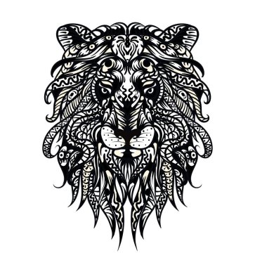 Aslan desenli başkanı. Yetişkin anti-stres boyama sayfası. Siyah beyaz el çizilmiş doodle hayvan. Afrika / Hint / totem / dövme tasarım. T-shirt, çanta, kartpostal, poster tasarımı
