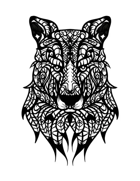 Cabeça de lobo desenhada à mão com padrão étnico de rabiscos. Desenho para colorir - zendala, para adultos, ilustração vetorial. Cabeça de elefante. Adulto página de coloração anti-stress. Esboço para tatuagem, cartaz, impressão, t-shirt —  Vetores de Stock