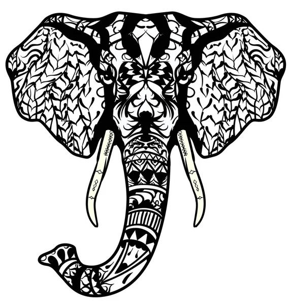 Elefant huvud. Adult antistress målarbok. Svart vit hand dras doodle djur. Etniska mönstrade vektor. Afrikanska, indiska, totem tribal, zentangle design. Skiss för tatuering, affisch, print, t-shirt — Stock vektor