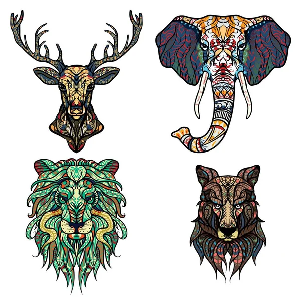 Conjunto de ilustraciones abstractas del tatuaje del vector. León, ciervo, elefante y lobo Tótem estampado étnico. Signo zodiacal Leo. Impresión de camiseta, bolso, postal, póster. Diseño africano / indio — Vector de stock