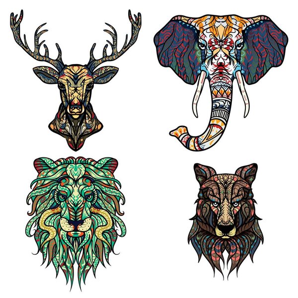 Set of Abstract Vector tattoo illustrations. Lion, deer, elephant and wolf Ethnic patterned totem. Leo zodiac sign. T-shirt print, bag, postcard, poster. African / indian design
