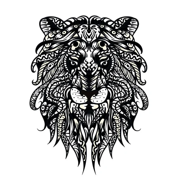 Patterned head of the lion. Adult anti-stress coloring page. Black white hand drawn doodle animal. African / indian / totem / tattoo design. T-shirt, bag, postcard, poster design — Stock Vector