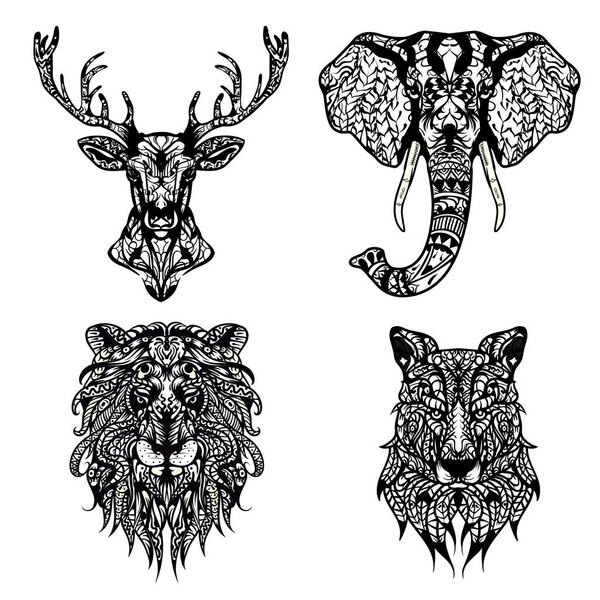 Set of Patterned heads of lion, deer, wolf and elephant. Adult anti-stress coloring book. Black white hand drawn doodle animal. African, indian totem / tattoo design. T-shirt, postcard, poster design
