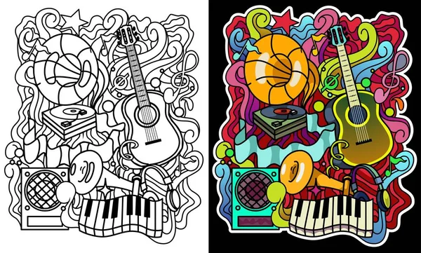 Müzikal süs boyama kitabı ile renkli yorum için. T-shirt baskı veya posta kartı detaylı çizilmiş doodle müzik illüstrasyon kullanılabilir.
