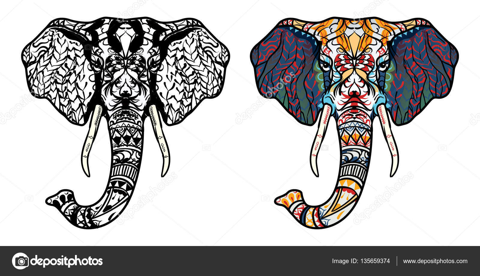Tªte d éléphant Coloriage adulte anti stress Animal de doodle dessiné main