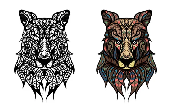 El çizimi kurt başı etnik doodle desenli. Boyama sayfası - zendala, yetişkinler, vektör çizim için. Fil kafa. Yetişkin antistress boyama sayfası. Dövme, poster, baskı, t-shirt için kroki