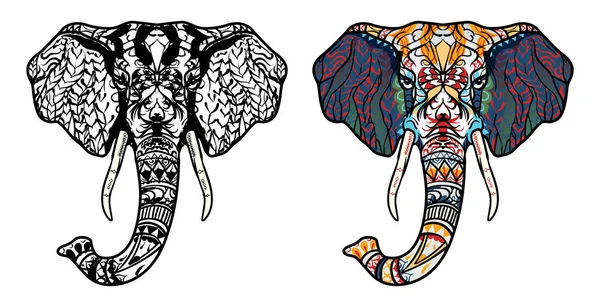 Hoofd van de olifant. Volwassen anti-stressprogramma kleurplaat. Zwart witte hand getrokken doodle dier. Etnische patronen vector. Staten in Afrika, Indiase, totem tribal, zentangle ontwerp. Schets voor tattoo, poster, print, t-shirt — Stockvector