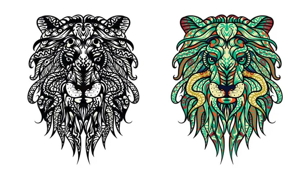 Aslan desenli başkanı. Yetişkin anti-stres boyama sayfası. Siyah beyaz el çizilmiş doodle hayvan. Afrika / Hint / totem / dövme tasarım. T-shirt, çanta, kartpostal, poster tasarımı