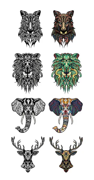 Uppsättning av mönstrad huvuden av lion, rådjur, varg och elefant. Adult Antistress målarbok. Svart vit hand dras doodle djur. Afrikanska, indiska totem / tatuering design. T-shirt, vykort, affisch design — Stock vektor