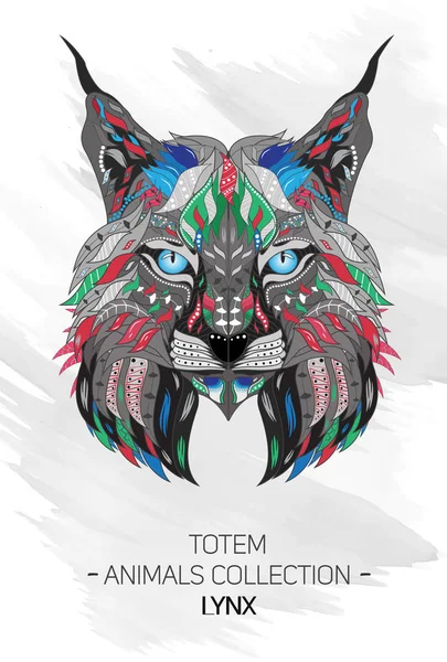 Vaşak, grunge arka plan üzerinde vahşi kedi desenli başkanı. Afrika, Hint, Aztek totem, dövme, t-shirt baskı tasarımı.