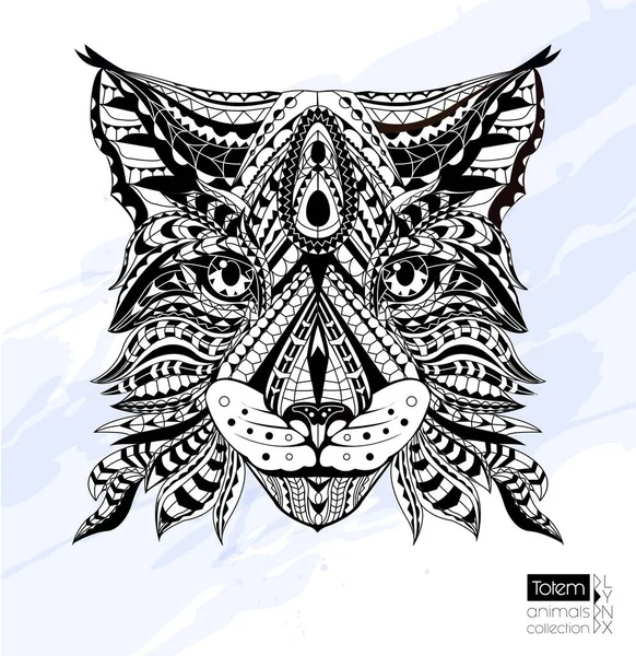 Patterned head of lynx / wild cat. Adult anti-stress coloring page. Black white hand drawn zentangle animal. African / indian / totem / tattoo design. T-shirt, bag, postcard, poster design — Stock Vector