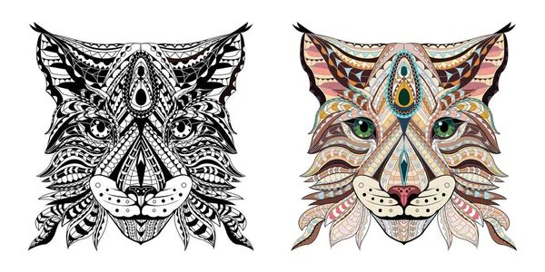 Με μοτίβο κεφάλι του lynx / άγρια γάτα. Ενηλίκων αντι-στρες χρωματισμός σελίδα. Μαύρο άσπρο και χρώμα χέρι συρμένο zentangle ζώο. Αφρικής / Ινδίας / τοτέμ / τατουάζ σχεδιασμού. T-shirt, τσάντα, καρτ ποστάλ, Σχεδιασμός αφίσας — Διανυσματικό Αρχείο