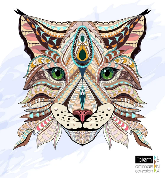 Wzorzyste głowy ryś / dziki kot. Strona dla dorosłych barwienia anty-stres. Kolorowe ręcznie rysowane zentangle zwierząt. Afryki / indian / totem / tattoo design. T-shirt, torba, pocztówka, projekt plakatu — Wektor stockowy