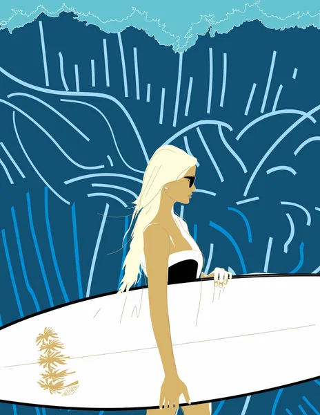 Belle fille sur la plage avec planche de surf. Invitation à une fête sur la plage — Image vectorielle